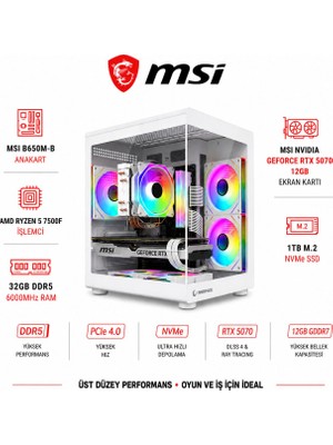 Apphirex Code X57 Ryzen 5 7500F / Msi B650M-B / Msi RTX5070 12GB / 32GB Ddr5 6000MHZ Ram / 1tb M.2 SSD Beyaz Masaüstü Oyuncu Bilgisayarı