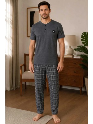 Tenra Erkek Pijama Takımı %100 Pamuk Düğmeli Yaka Kareli Alt