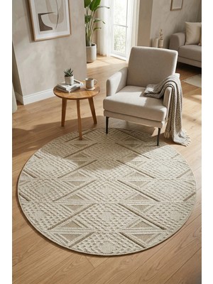 Bonny Home Modern Dekoratif Yuvarlak Salon Yatak Odası Halısı Rölyef Dokulu Şık Tasarım Bej Riva -7122