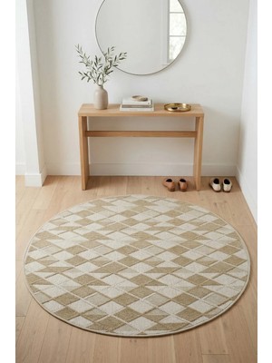 Bonny Home Modern Dekoratif Yuvarlak Salon Yatak Odası Halısı Rölyef Dokulu Şık Tasarım Bej Riva -7118