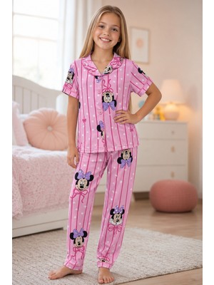 Enie Kız Çocuk Pembe Karakter Desenli Yazlık Pijama Takımı + Göz Bandı
