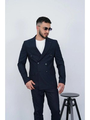 Premini Slim Fit Erkek Sivri Yaka Çizgili Kruvaze Takım Elbise