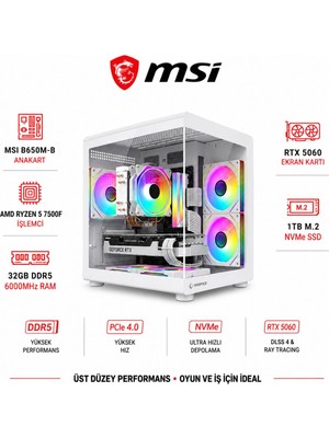 Apphirex Code X86 Ryzen 5 7500F / Msi B650M-B / RTX5060 8gb / 32GB Ddr5 6000MHZ Ram / 1tb M.2 SSD Beyaz Masaüstü Oyuncu Bilgisayarı