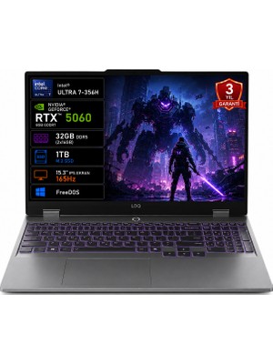 Lenovo Loq 15IPH11 83SL001PTR Intel Core Ultra 7-356H 32GB 1tb SSD RTX5060 8gb Tgp 115W 15.3" IPS 165Hz Freedos Taşınabilir Bilgisayar