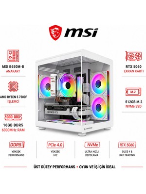 Apphirex Code X96 Ryzen 5 7500F / Msi B650M-B / RTX5060 8gb / 16GB Ddr5 6000MHZ Ram / 512GB M.2 SSD Beyaz Masaüstü Oyuncu Bilgisayarı