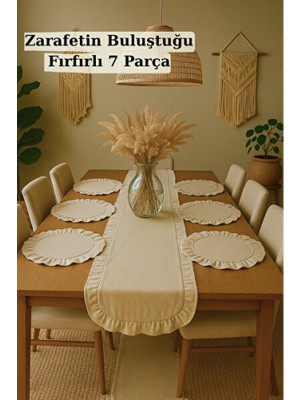 Empressco Şık Fırfırlı Keten Runner ve 6'lı Fıfırlı Supla Seti, 7 Parça Çeyiz Seti