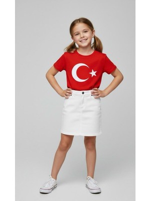 Nacar Store Kız Çocuk Ayyıldız Bayrak Baskılı T-Shirt ve Keten Etek Takım 23 Nisan-Özel Bayramlar
