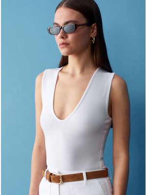 Cns Woman V Yaka Bodysuit - Beyaz