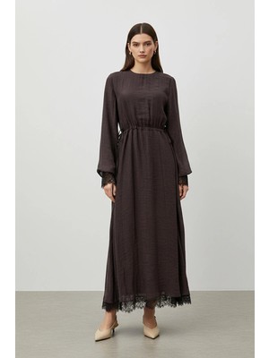 Soul Kadın Belden Bağlamalı Dantel Detaylı Uzun ELBISE-32466ELB - Black