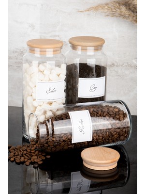 Dolkin Home 3'lü Ahşap Vakum Kapaklı Çay Kahve Şeker Beyaz Etiketli Cam Kavanoz Seti Saklama Kabı 1300 ml