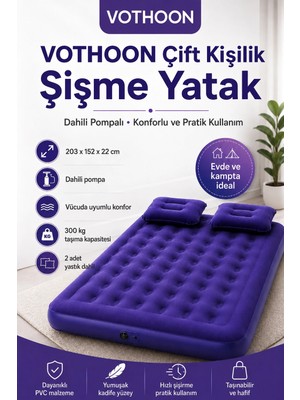 Çift Kişilik Şişme Yatak Dahili Pompalı 203X152X22 cm 2 Yastıklı