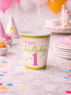 Parti Adresi Happy Birthday 1 Yaş Karton Bardak Pembe – Doğum Günü Parti Bardağı 8 Adet