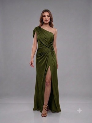 Centilmen For Costume Tek Omuz Saten Görünümlü Drape Detaylı Yırtmaçlı Abiye Elbise 10563