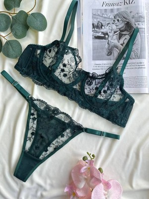 D Lingerie Fleur Émeraude Dantel Transparan Bralet Sütyen Takımı DM1380