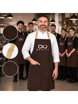 BK Gift Logonuza Özel 10 Adet Mutfak Önlüğü Koyu Kahverengi - Bej Ayarlanabilir Boyun Askısı - Ön Cepli