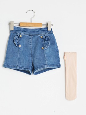 Lcw Baby Indigo Basic Kız Bebek Jean Şort ve Külotlu Çorap Takım 2'li