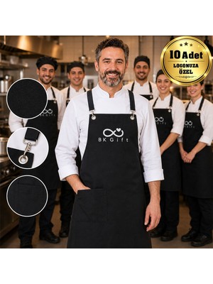 BK Gift Logonuza Özel 10 Adet Siyah Profesyonel Mutfak Önlüğü - Su Iticili Pamuk Kumaş Şef Önlüğü