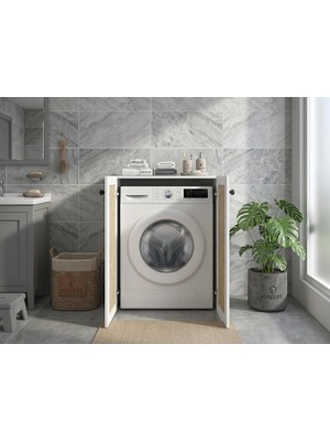 Kenz Life Kenzlife Çamaşır Makinesi Dolabı Tatyana Mat Beyaz 90*70*60 Jut Kare Kapak Suntalam Gövde