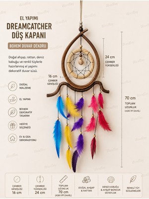 WoodBay El Yapımı Dreamcatcher Düş Kapanı Ahşap Bohem Duvar Süsü Rattan ve Deniz Kabuklu Duvar Dekoru 70 cm