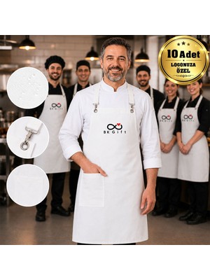 BK Gift Logonuza Özel 10 Adet Beyaz Profesyonel Mutfak Önlüğü - Su Iticili Pamuk Kumaş Şef Önlüğü