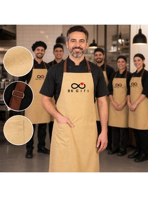 BK Gift Logonuza Özel 10 Adet Bej Mutfak Önlüğü - Açık Kahverengi Ayarlanabilir Boyun Askısı - Ön Cepli