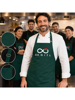 BK Gift Logonuza Özel 10 Adet Yeşil Mutfak Önlüğü - Ayarlanabilir Boyun Askısı - Ön Cepli