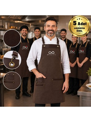 BK Gift Logonuza Özel 5 Adet New York Model Önlük Kestane Kahverengi Renk Su Iticili Kumaş - Vegan Deri Detaylı Profesyonel Önlük