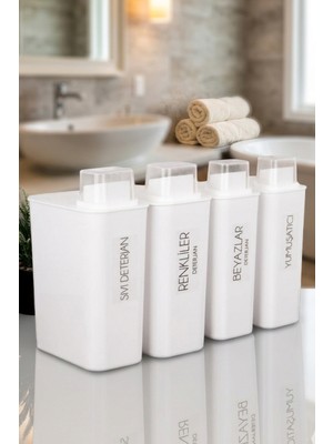 Dolkin Home 4lü Kendinden Ölçekli Deterjanlık Kutusu Seti Renkli Beyaz Sıvı Deterjan Yumuşatıcı Etiketli 3000ML