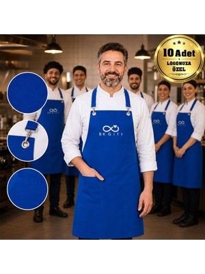 BK Gift Logonuza Özel 10 Adet Mavi Profesyonel Mutfak Önlüğü - Su Iticili Pamuk Kumaş Şef Önlüğü