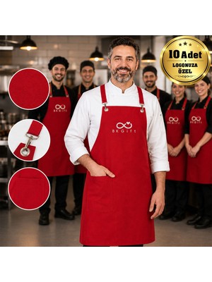BK Gift Logonuza Özel 10 Adet Kırmızı Profesyonel Mutfak Önlüğü - Su Iticili Pamuk Kumaş Şef Önlüğü