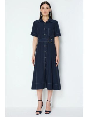 On Kadın Beli Kemerli Kısa Kollu Maxi Elbise 74461 Lacivert