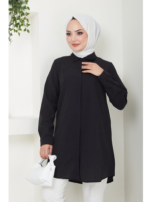 Comstar Kadın Uzun Basic Siyah Polo Yaka Tesettür Gömlek Elbise