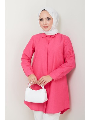 Comstar Kadın Uzun Basic Fuşya Polo Yaka Tesettür Gömlek Elbise