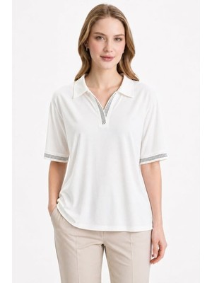 Mutlu Ertan Kadın Polo Yaka Taşlı Bluz 30496-EKRU