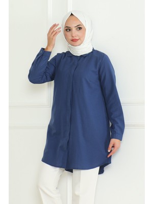 Comstar Kadın Uzun Basic Indigo Polo Yaka Tesettür Gömlek Elbise