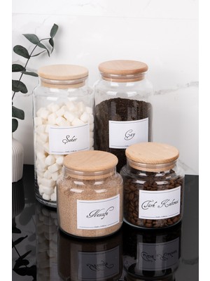 Dolkin Home 4 Parça Cam Kavanoz Seti Çay Şeker Kahve Saklama Kabı Vakum Kapaklı Etiket Hediyeli 1300-500 ml