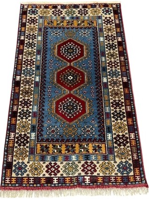 Burak Halı El Dokuma Sıfır Yahyalı Halısı 87X150 Mavi %100 Yün Kök Boya Halı