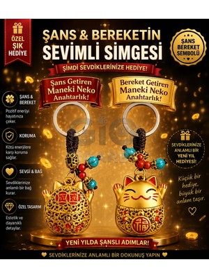 Gio Ticaret Şans Kedisi Maneki Neko Altın Renkli Bereket Anahtarlığı - Doğal Taş Detaylı Otantik Konsept Hediye