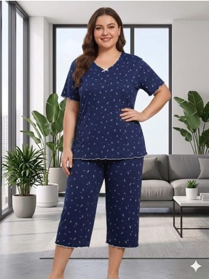 Asel Büyük Beden Kısa Kol Pamuklu Ultrasoft Likralı Kapri Pijama Takımı