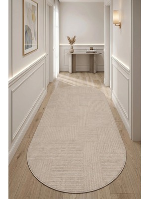 Bonny Home Yazlık Oval Koridor Halısı Iskandinav Kaymaz Ince Yıkanabilir Modern Yolluk Halı Bej Viora - 7034