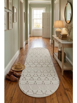Bonny Home Oval Koridor Halısı Rölyef Kaymaz Ince Yıkanabilir Modern Dekoratif Yolluk Bej Porlo - 7132