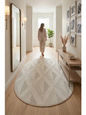 Bonny Home Oval Koridor Halısı Rölyef Kaymaz Ince Yıkanabilir Modern Dekoratif Yolluk Halı Krem Riva - 7119