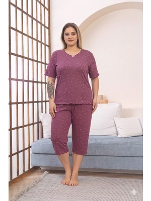 Asel Büyük Beden Kısa Kol Pamuklu Ultrasoft Likralı Kapri Pijama Takımı