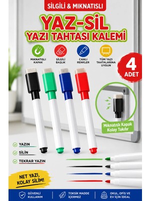 Hobialem 4 Adet Keçeli Renkli Yaz-Sil Yazı Tahtası Kalemi, Silgili Mıknatıslı Kalem, Keçeli Kalem
