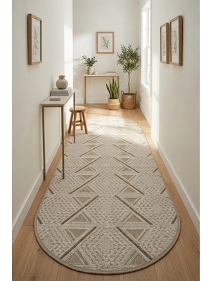 Bonny Home Oval Koridor Halısı Rölyef Kaymaz Ince Yıkanabilir Modern Dekoratif Yolluk Halı Bej Riva - 7122