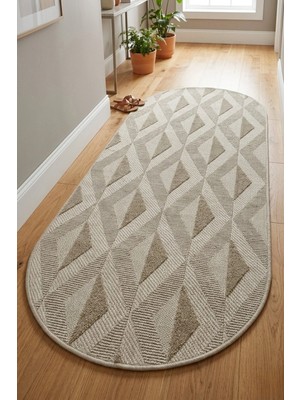 Bonny Home Oval Koridor Halısı Rölyef Kaymaz Ince Yıkanabilir Modern Dekoratif Yolluk Halı Bej Riva - 7121