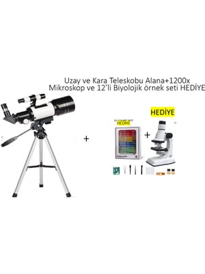 Elvinsa 150X Teleskop Alana 12 Örnek ve 1200X Büyütmeli Aksesuarlı Mikroskop Hediye