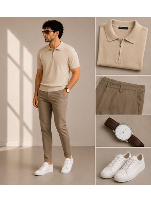 Advante ADV-5053 Fermuarlı Triko Tişört/bej/3xl