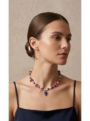 Woona Lapis Lazuli & Kalsedon & Ay Taşı & Florit & Kırmızı Mercan Taşları - El Yapımı Ayarlanabilir Özel Tasarım Art Of Harmony Premium Doğal Taş Kolye