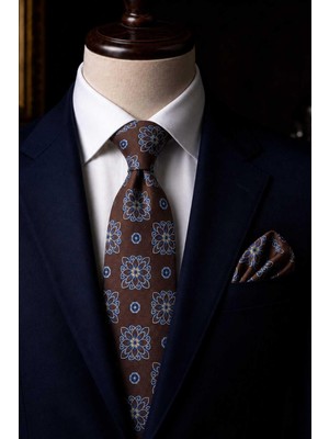 Kravatkolik Kahverengi Motif Desen Mendilli Klasik Kravat KK13735